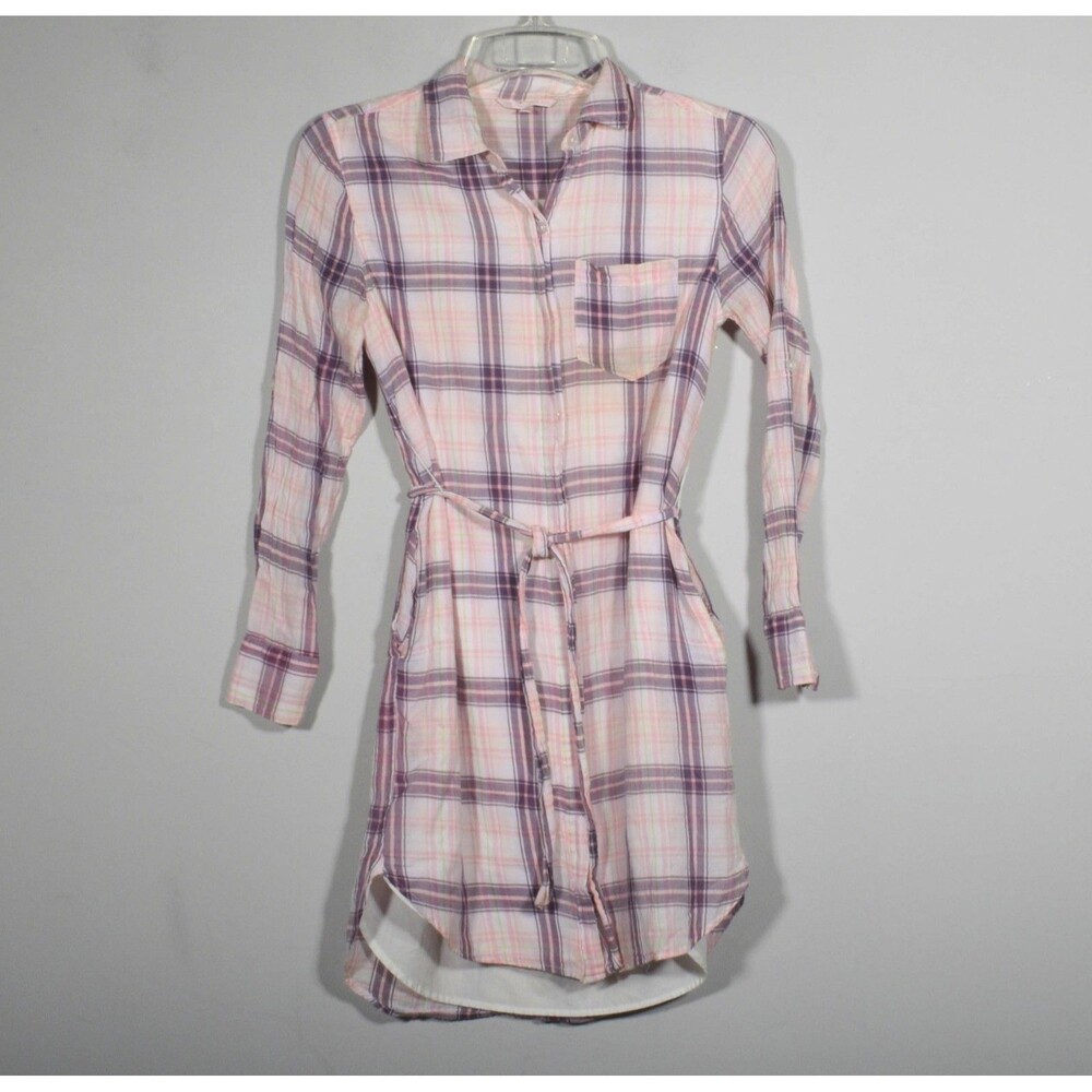 Victoria Secret Pink Purple Green & White Plaid Lined Belted Shirt Dress Size 0